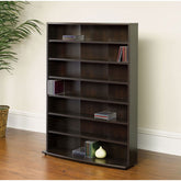 A spacious black bookcase with multiple shelves, designed to hold books and other decorative objects.